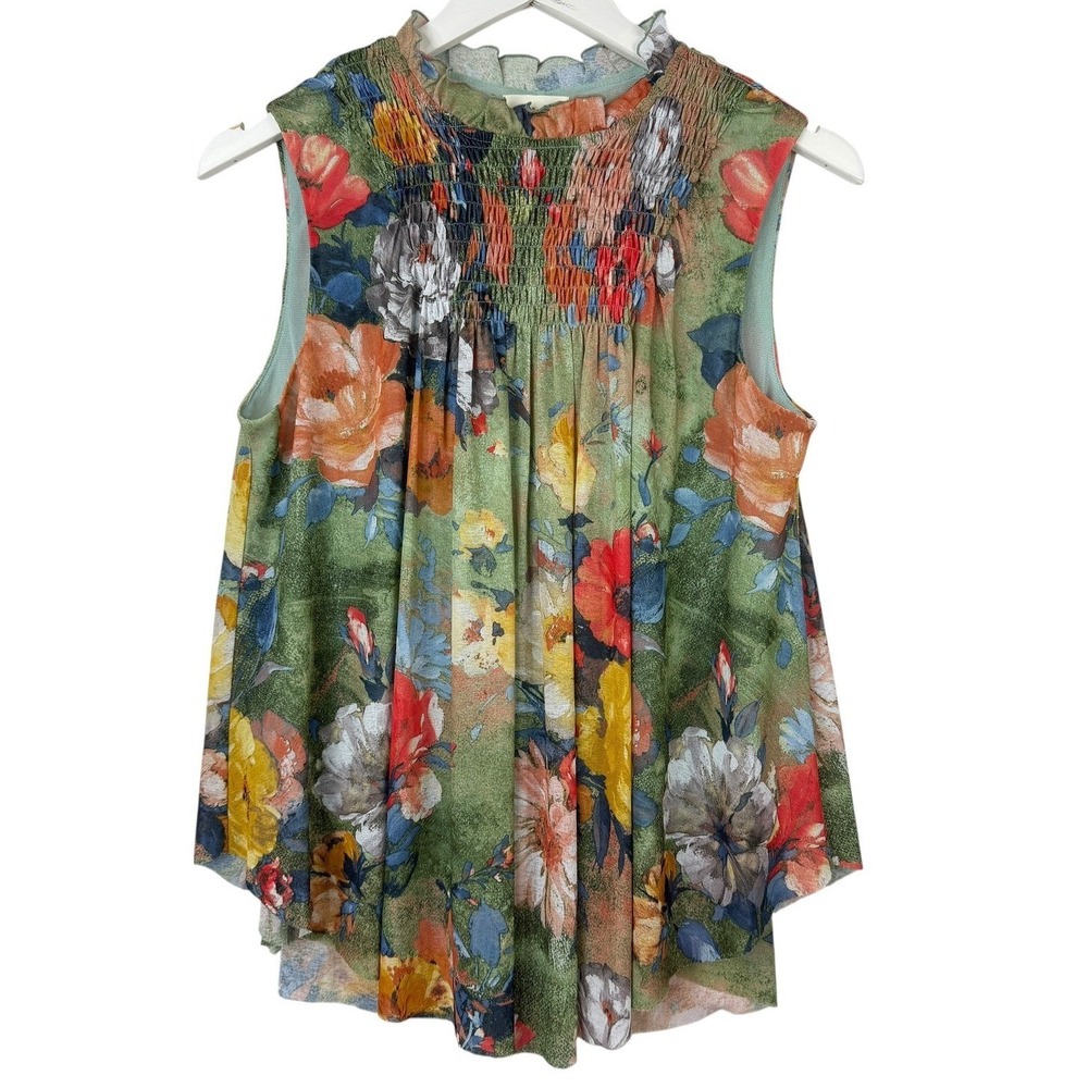 Deletta Floral Blouse Women Size XS Green Smocked Sleeveless Layered Flowy Top